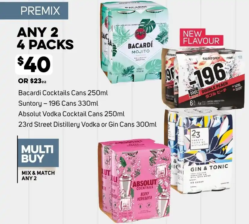 Bacardi Cocktails Cans 250ml,Suntory 330ml, Absolut Vodka Cocktail Cans